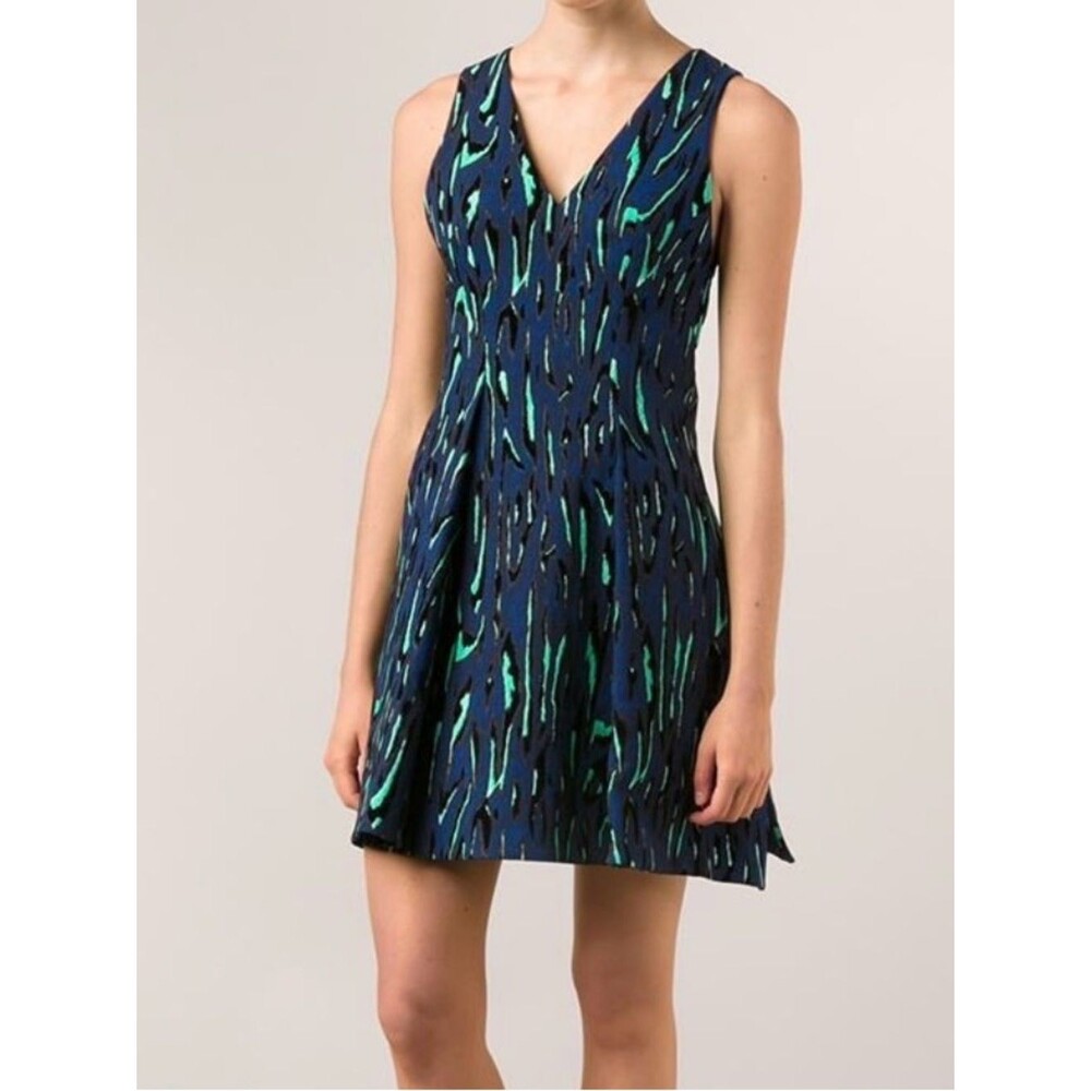 Proenza Schouler Flocked Velvet Tiger Print Dress 2 Navy Green Silk Lined Runway